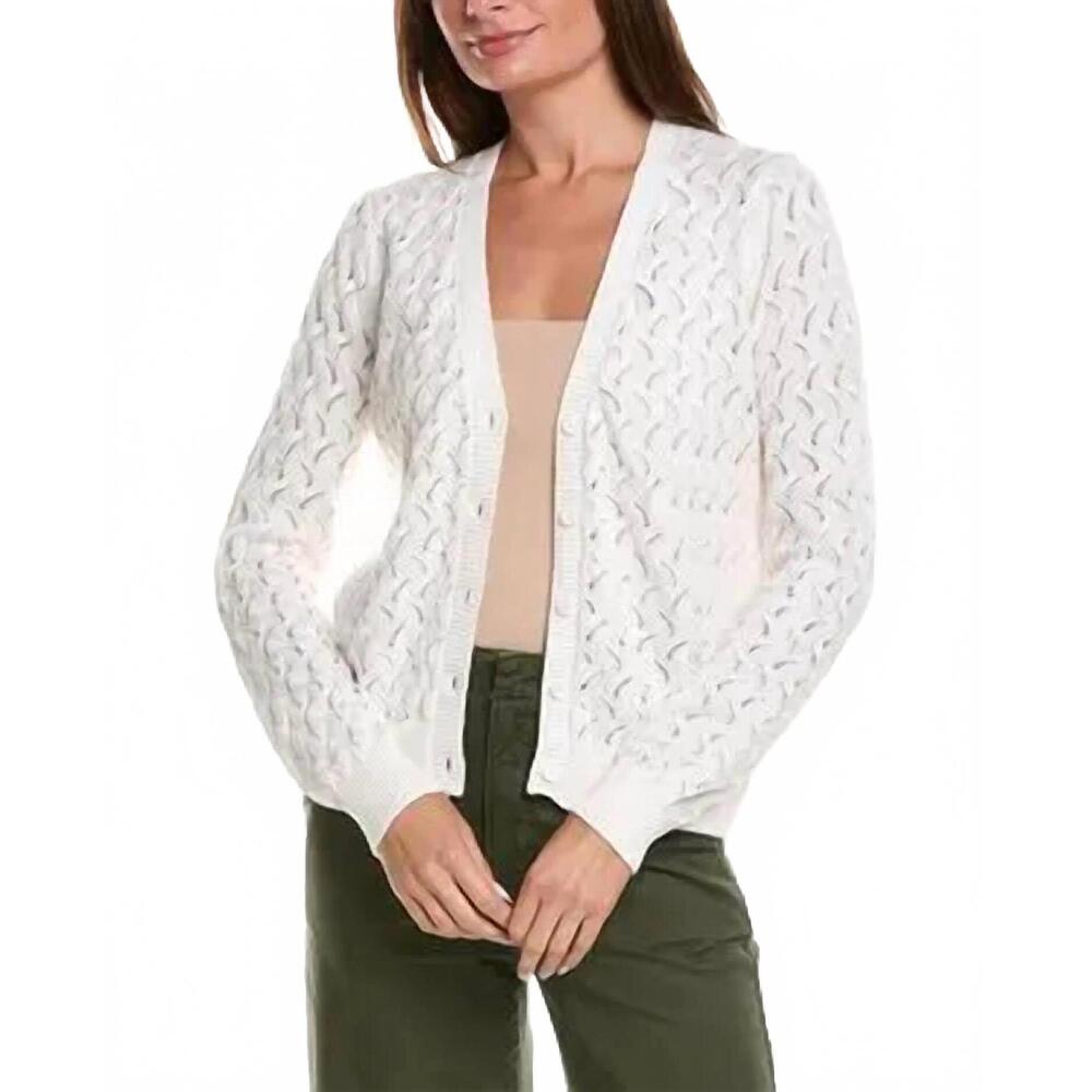 NEW MINNIE ROSE pointelle cotton cashmere cardigan in white